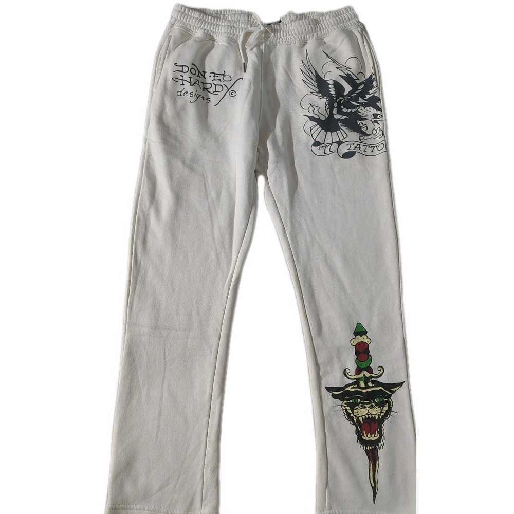 Ed Hardy Sweatpants Mens XL White Death Before Dishonor Tattoo‎ Graphic Pants